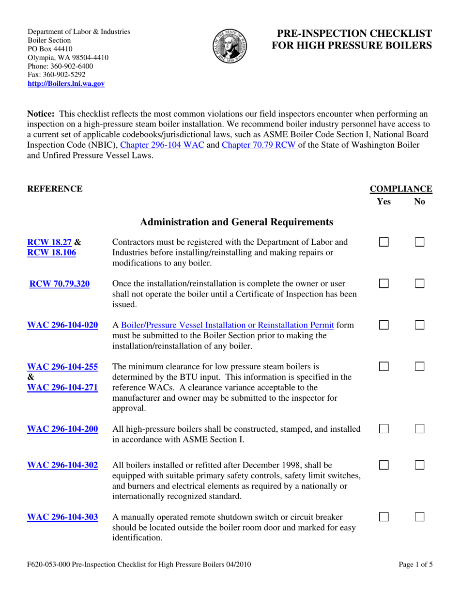 Form F620-053-000 Pre-inspection Checklist for High Pressure Boilers - Washington, Page 1