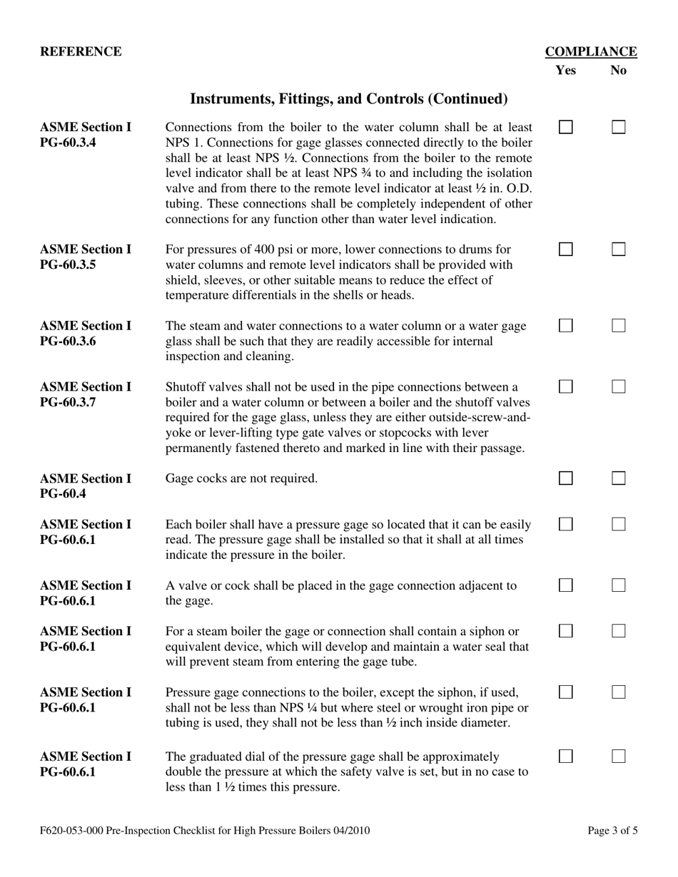 Form F620-053-000 Pre-inspection Checklist for High Pressure Boilers - Washington, Page 3
