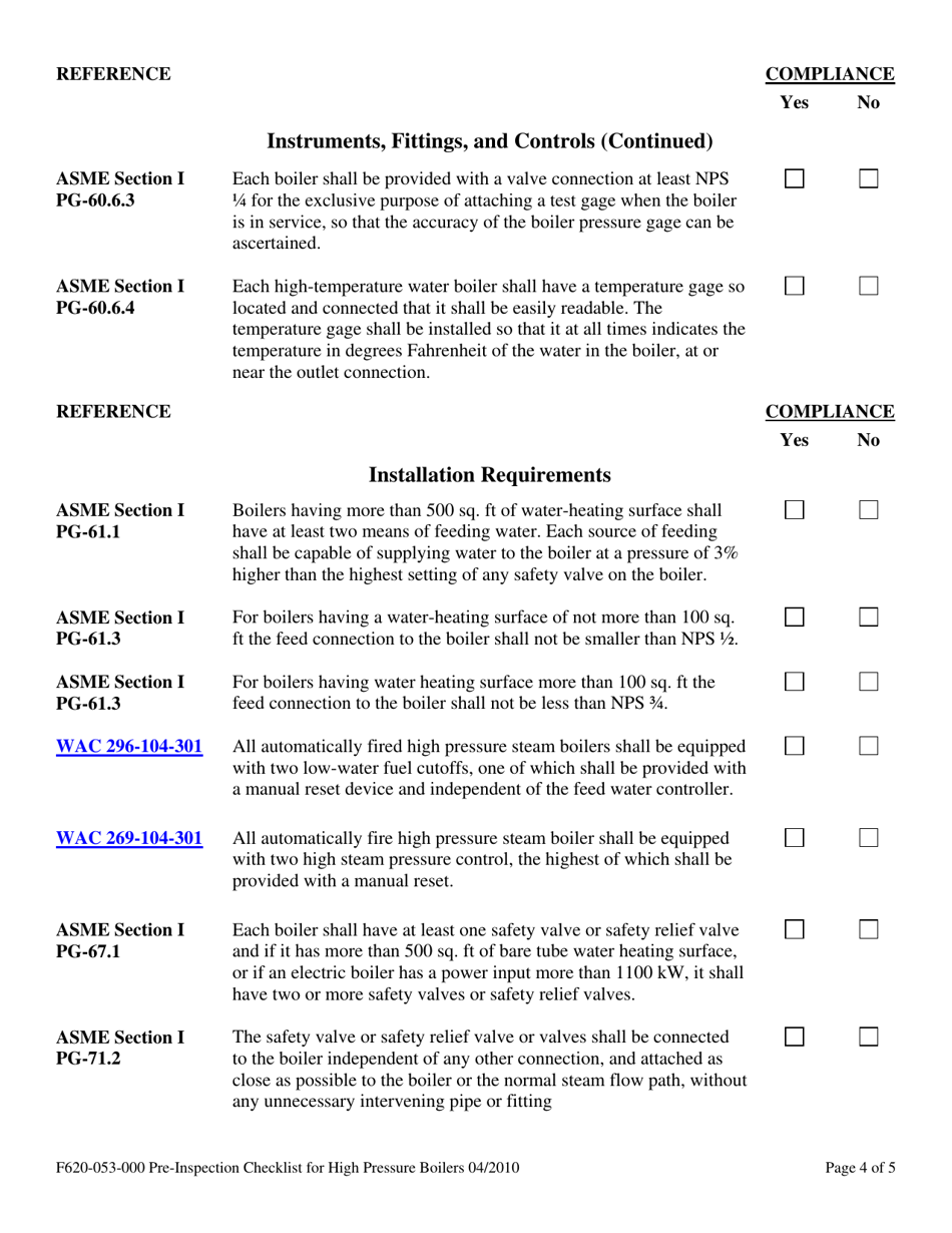 Form F620-053-000 Pre-inspection Checklist for High Pressure Boilers - Washington, Page 4
