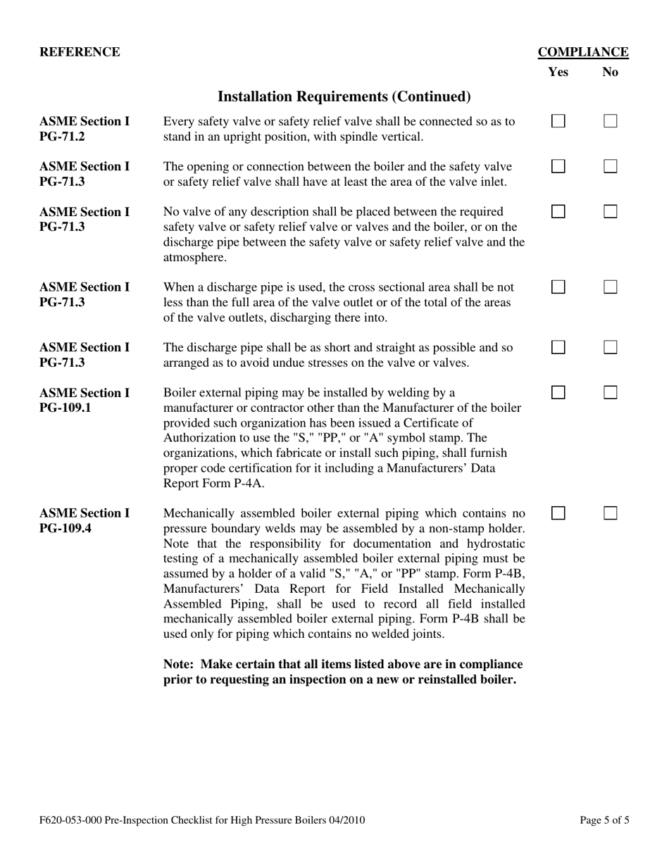 Form F620-053-000 Pre-inspection Checklist for High Pressure Boilers - Washington, Page 5