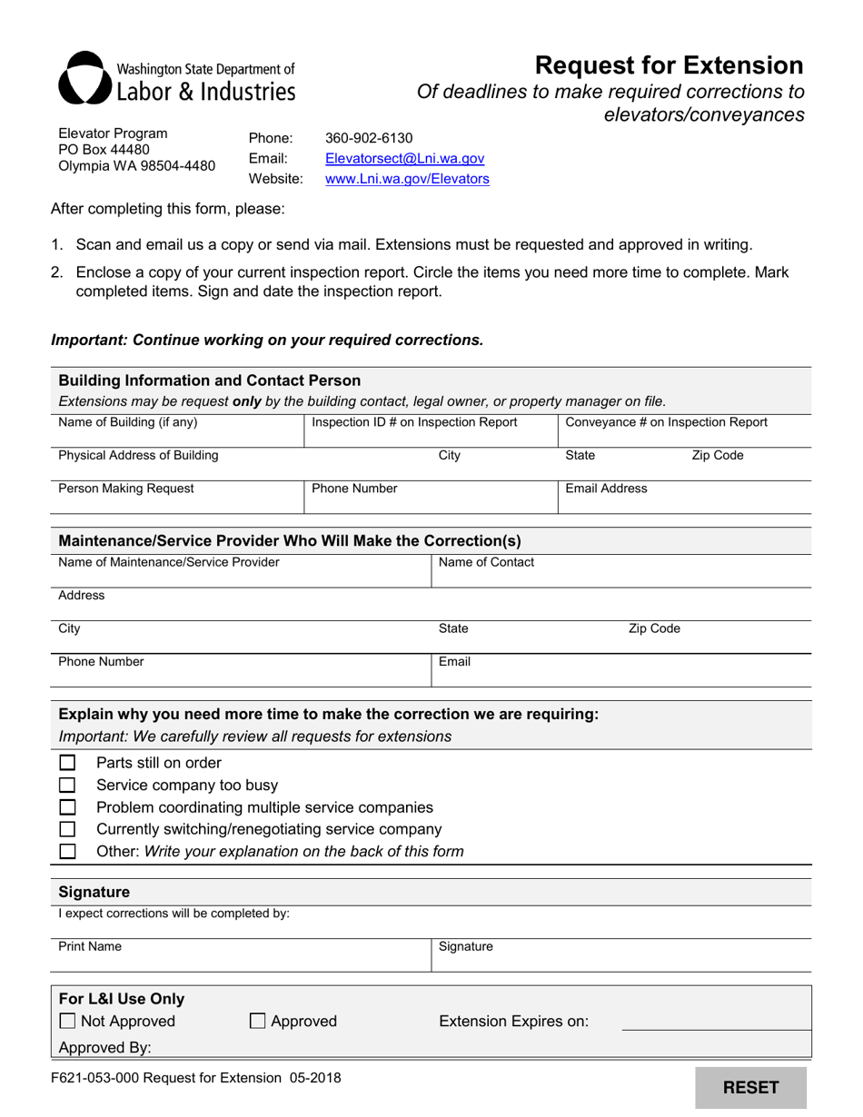 Form F621-053-000 Request for Extension - Washington, Page 1