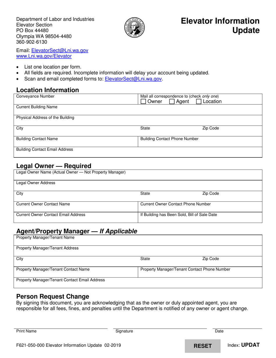 Form F621-050-000 Elevator Information Update - Washington, Page 1