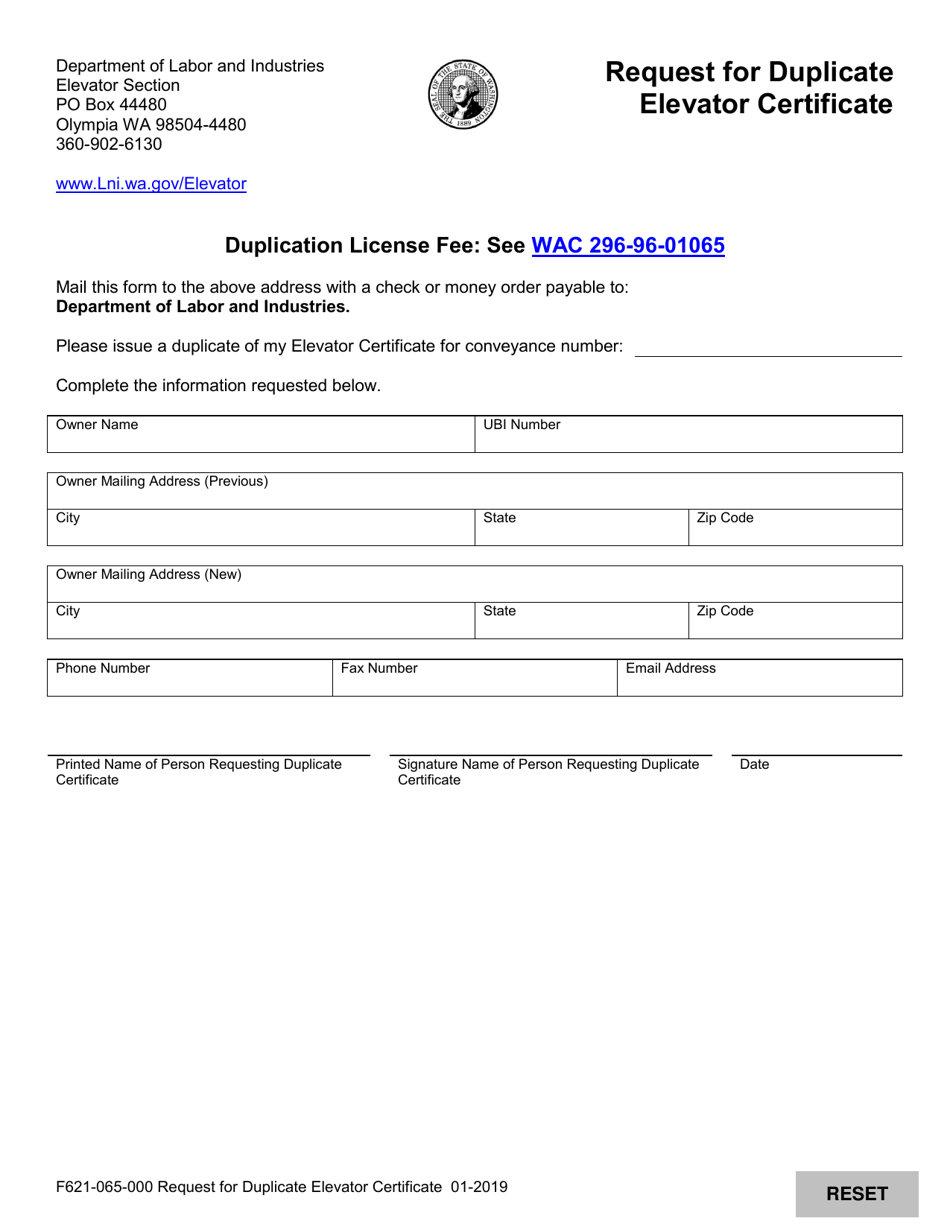 Form F621-065-000 Request for Duplicate Elevator Certificate - Washington, Page 1