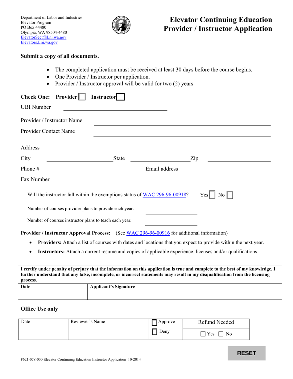 Form F621-078-000 Elevator Continuing Education Provider/Instructor Application - Washington, Page 1