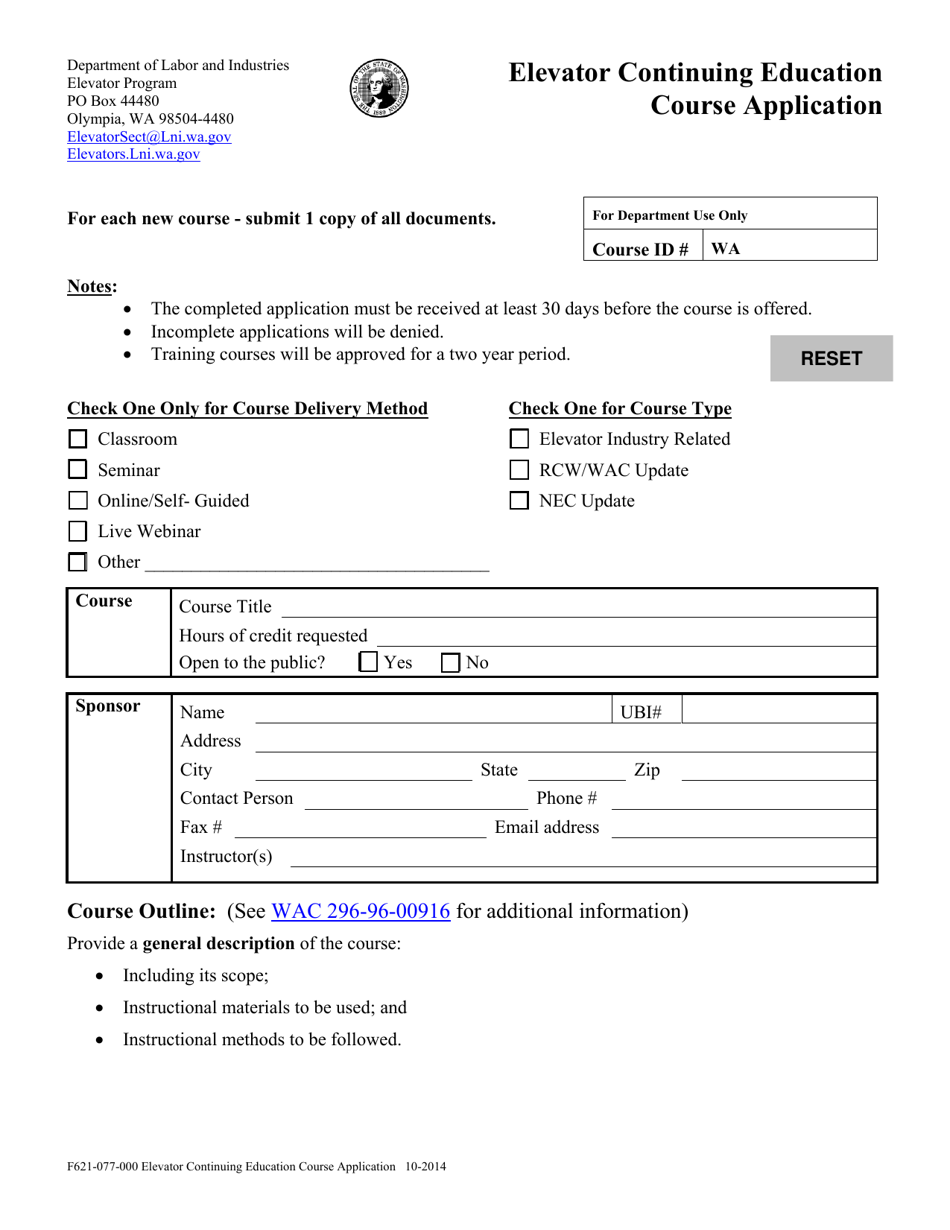 Form F621-077-000 Elevator Continuing Education Course Application - Washington, Page 1