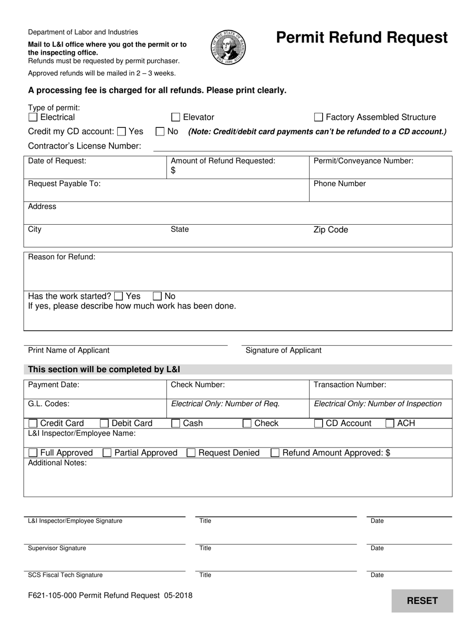 Form F621-105-000 Permit Refund Request - Washington, Page 1