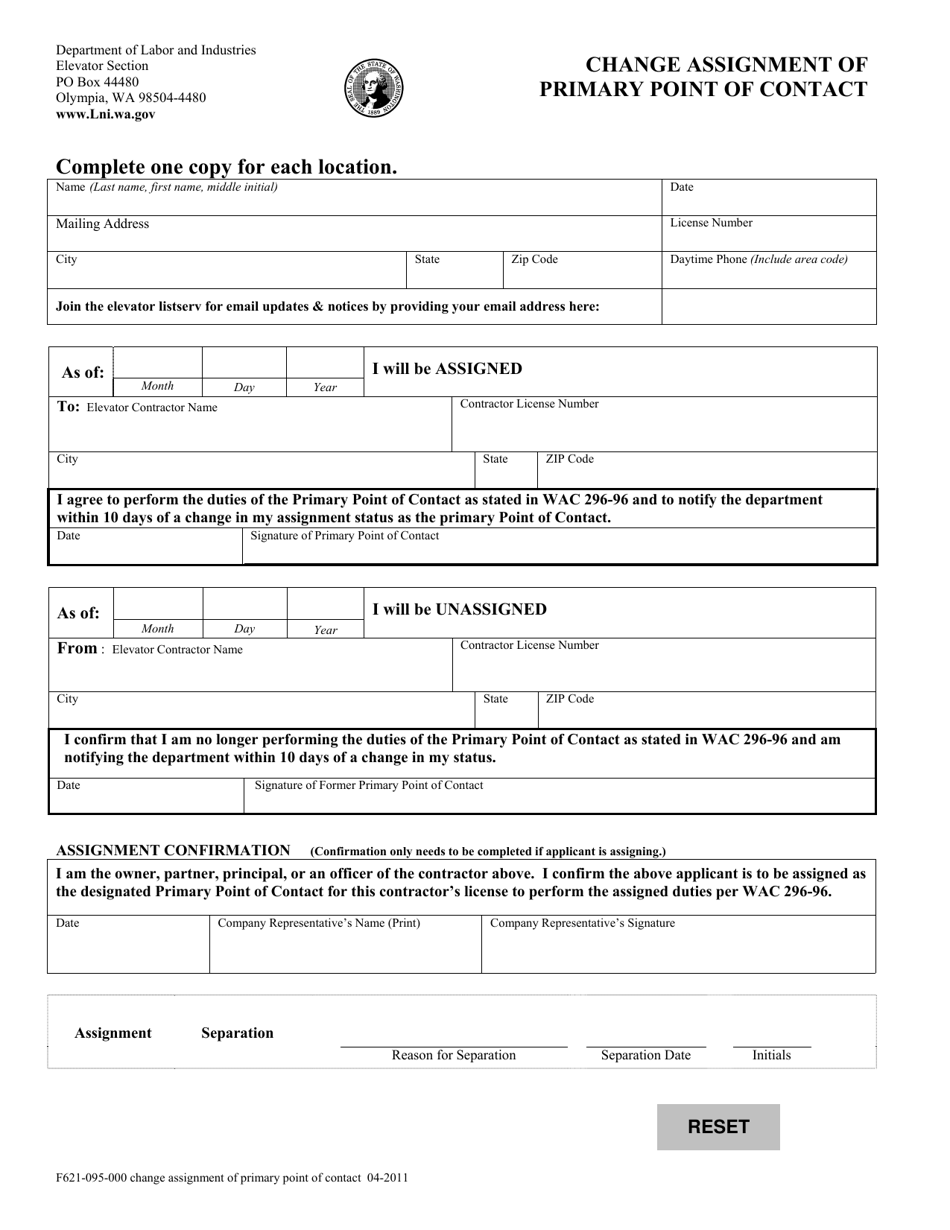 Form F621-095-000 Change Assignment of Primary Point of Contact - Washington, Page 1
