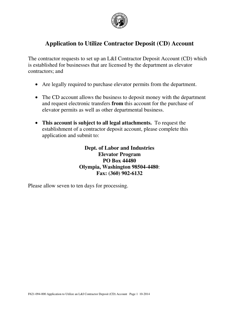 Form F621-094-000 Application to Utilize Contractor Deposit (Cd) Account - Washington, Page 1