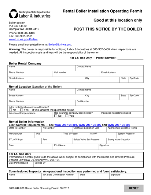Form F620-042-000 Rental Boiler Installation Operating Permit - Washington