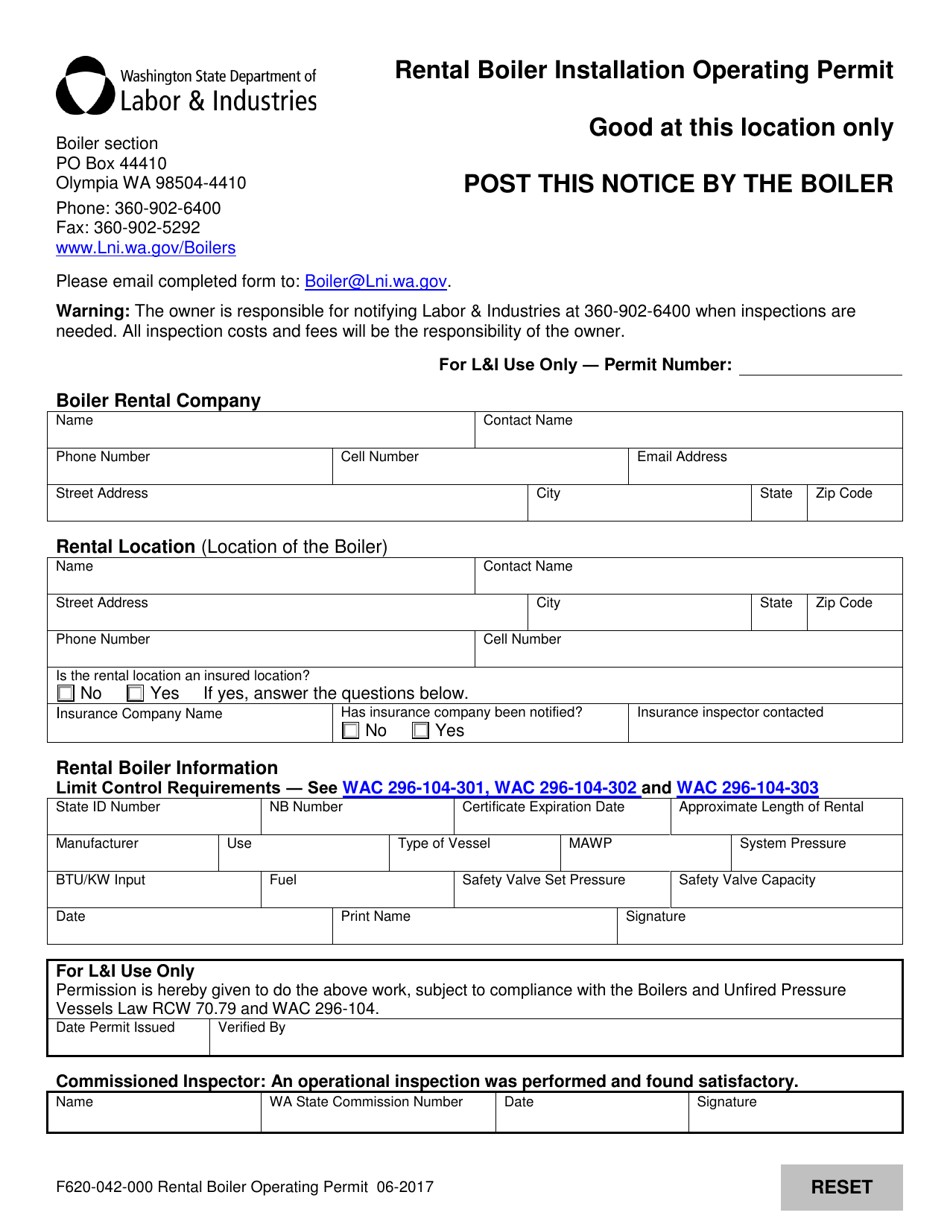 Form F620-042-000 Rental Boiler Installation Operating Permit - Washington, Page 1