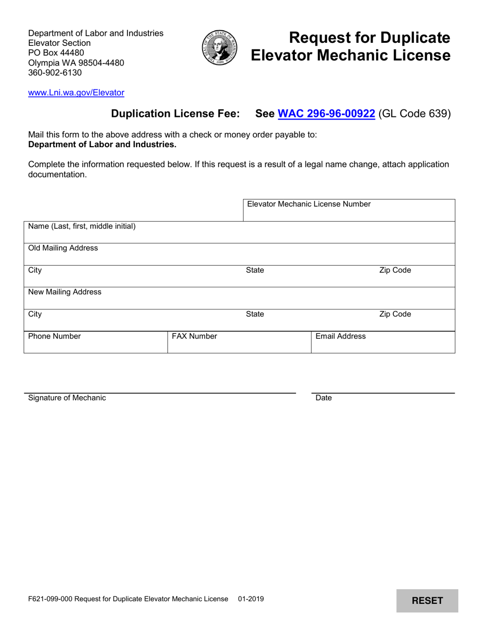 Form F621-099-000 Request for Duplicate Elevator Mechanic License - Washington, Page 1