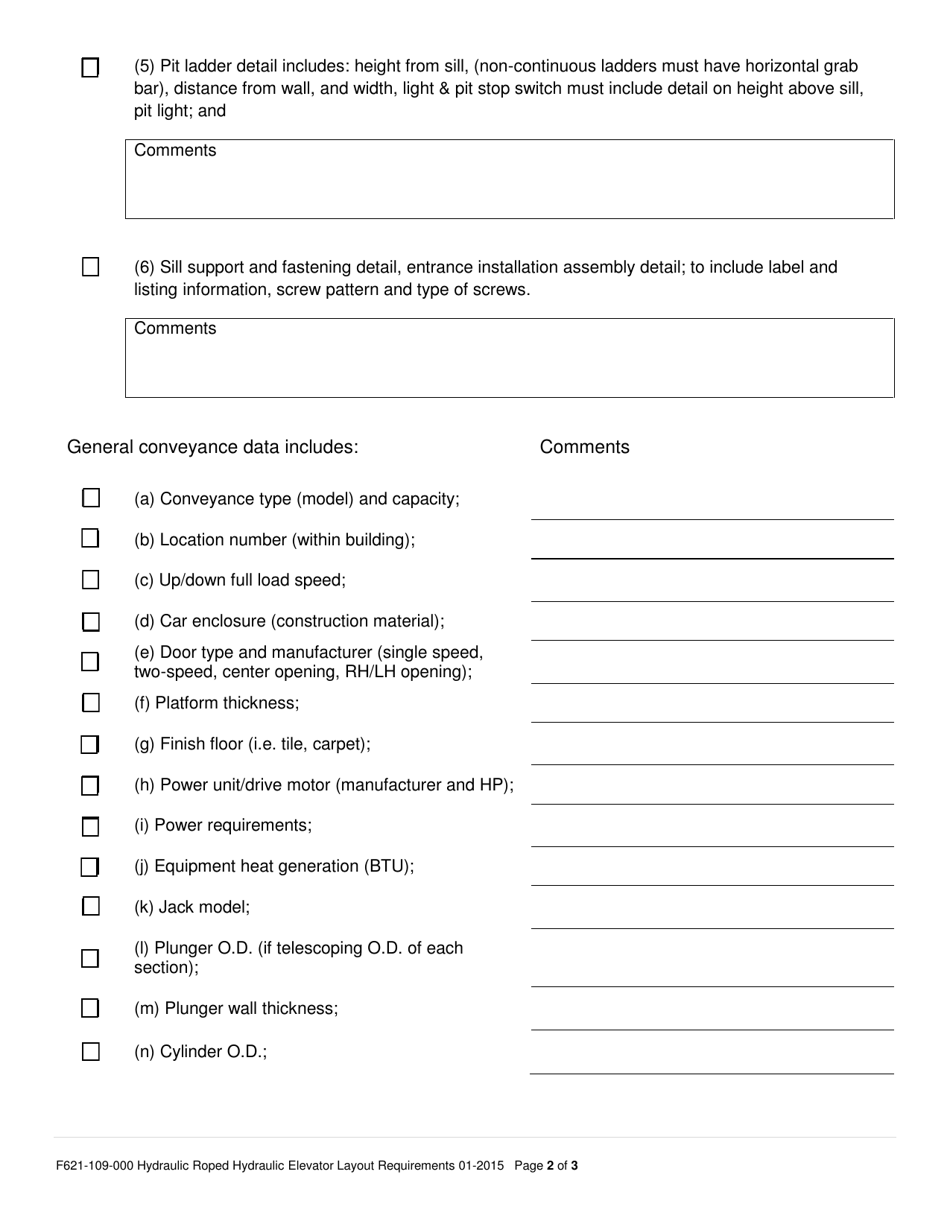 Form F621-109-000 Hydraulic / Roped-Hydraulic Elevator Layout Requirements - Washington, Page 2