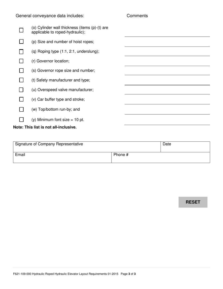 Form F621-109-000 Hydraulic / Roped-Hydraulic Elevator Layout Requirements - Washington, Page 3