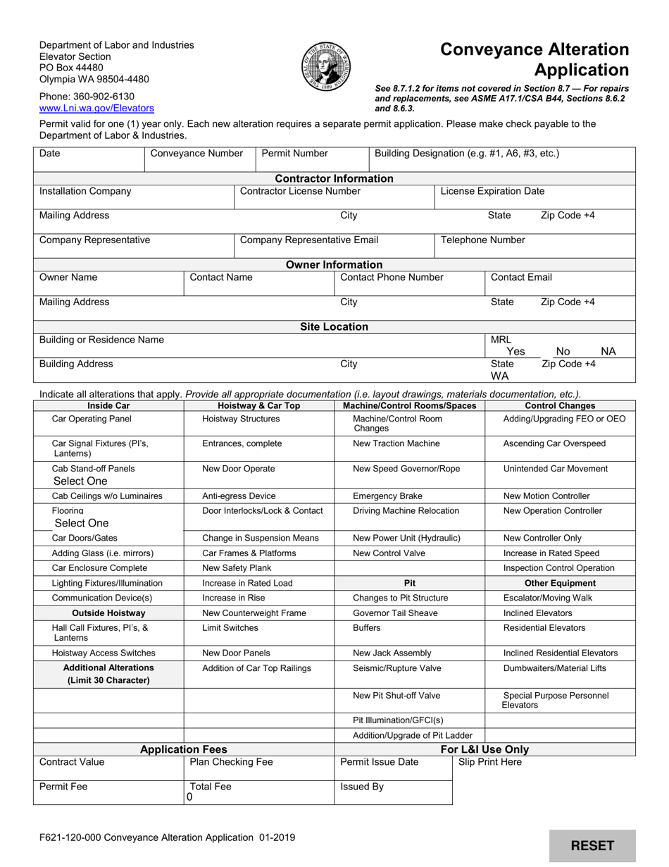 Form F621-120-000 Conveyance Alteration Application - Washington, Page 1