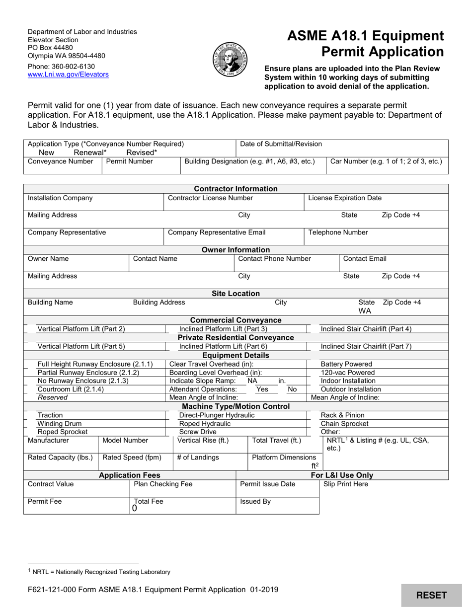 Form F621-121-000 Asme A18.1 Equipment Permit Application - Washington, Page 1