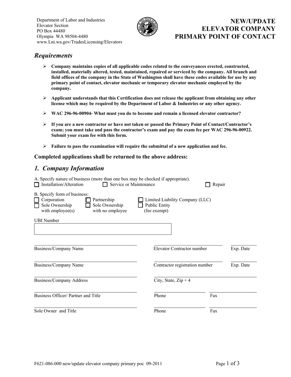 Form F621-086-000 New / Update Elevator Company Primary Point of Contact - Washington, Page 1