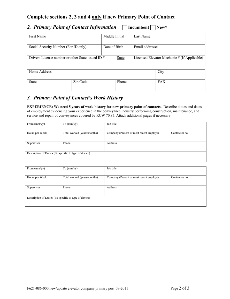 Form F621-086-000 New / Update Elevator Company Primary Point of Contact - Washington, Page 2