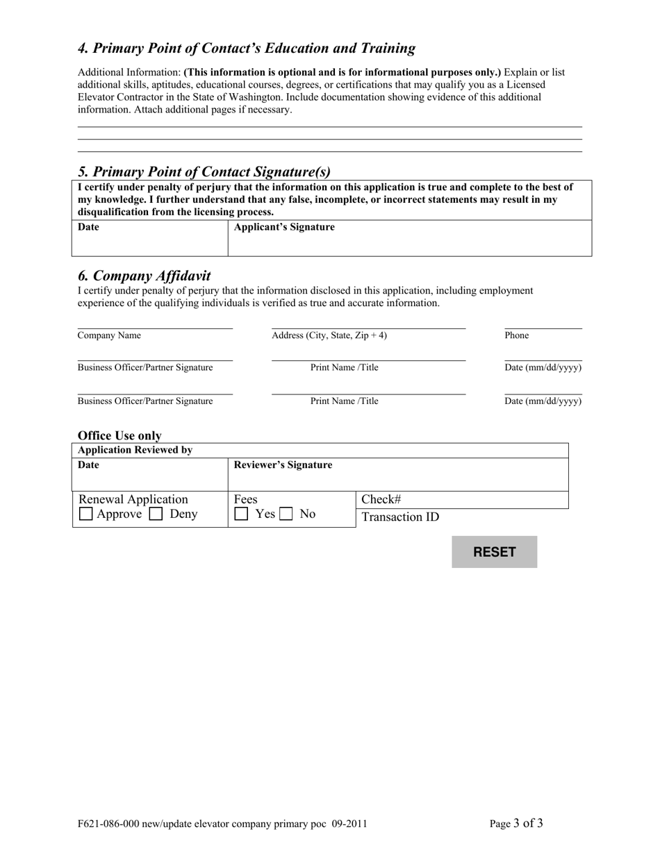 Form F621-086-000 New / Update Elevator Company Primary Point of Contact - Washington, Page 3