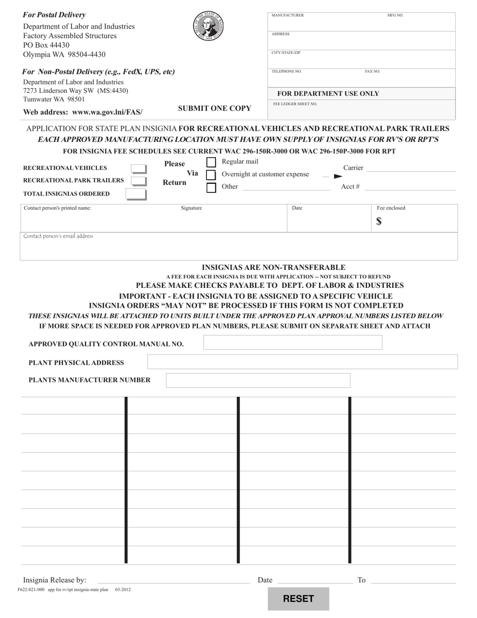 Form F622-021-000 Application for State Plan Insignia for Recreational Vehicles and Recreational Park Trailers - Washington, Page 1