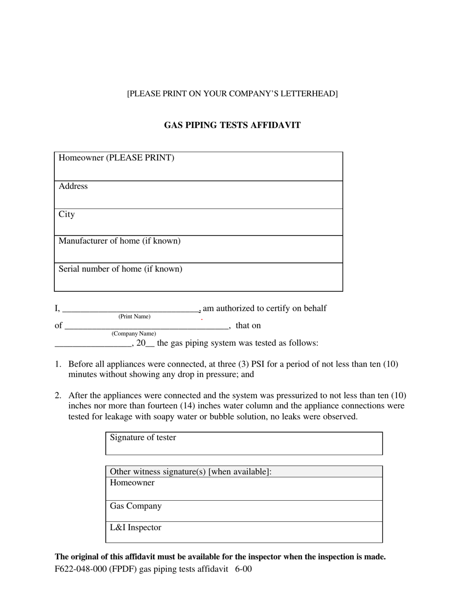 Form F622-048-000 Gas Piping Tests Affidavit - Washington, Page 1