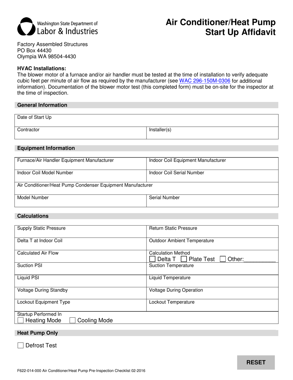 Form F622-014-000 Air Conditioner / Heat Pump Pre-inspection Checklist and Start up Affidavit - Washington, Page 3
