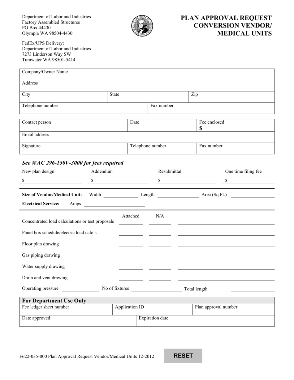 Form F622-035-000 Plan Approval Request Conversion Vendor / Medical Units - Washington, Page 1
