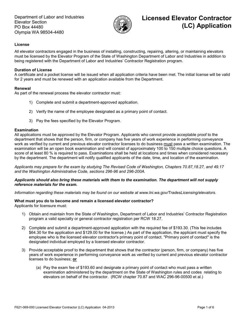 Form F621-069-000 Licensed Elevator Contractor (Lc) Application - Washington, Page 1