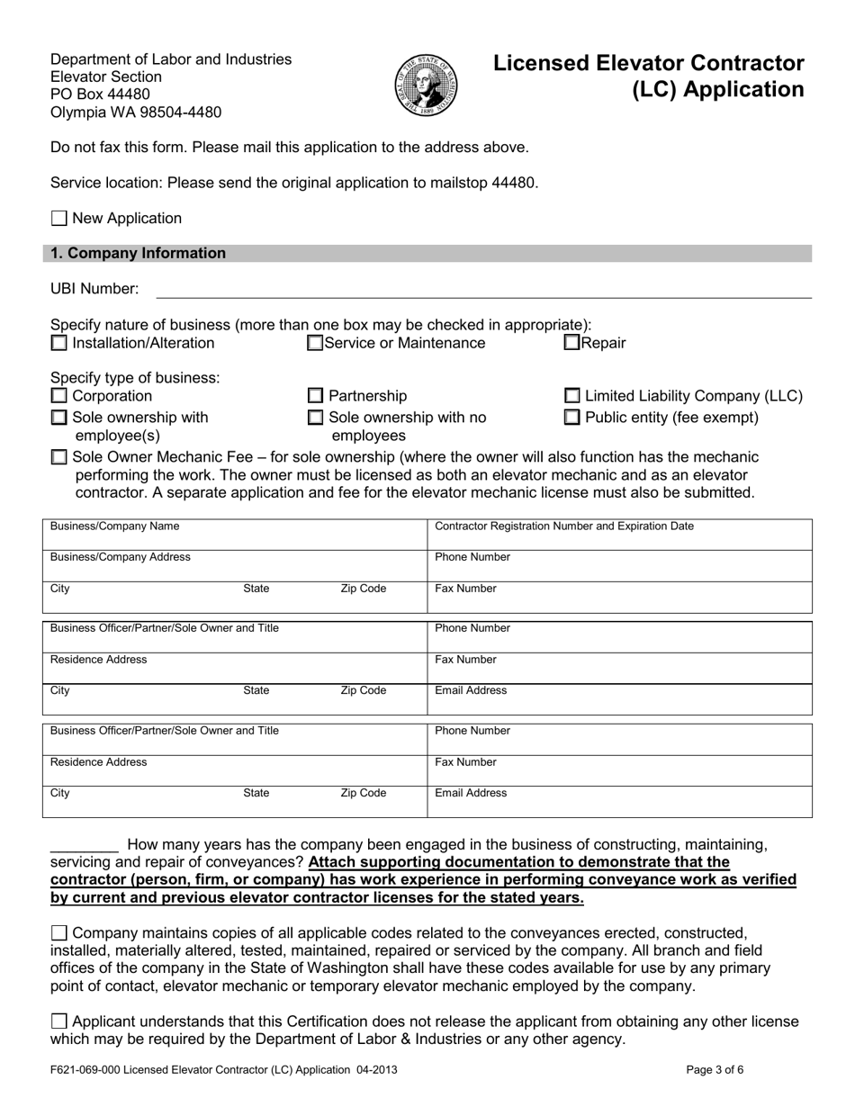 Form F621-069-000 Licensed Elevator Contractor (Lc) Application - Washington, Page 3