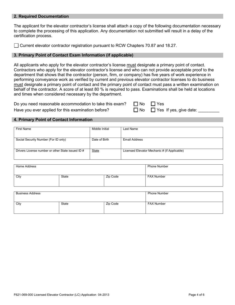 Form F621-069-000 Licensed Elevator Contractor (Lc) Application - Washington, Page 4