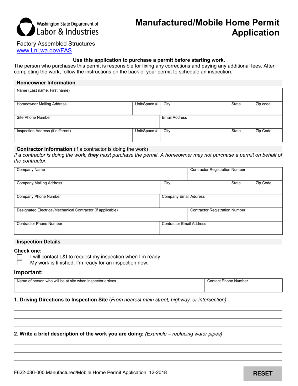 Form F622-036-000 Manufactured / Mobile Home Permit Application - Washington, Page 1