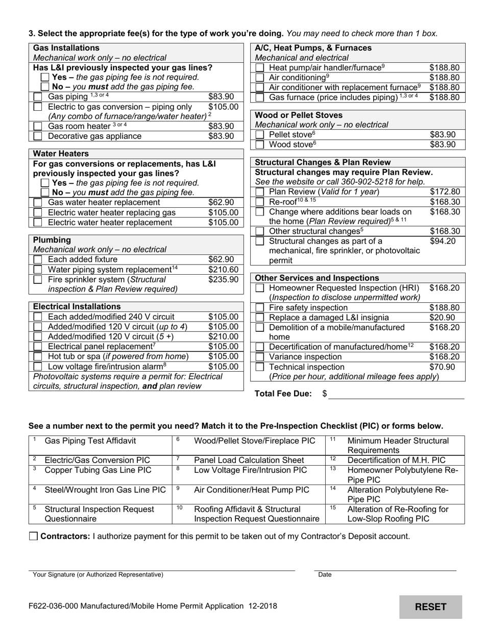 Form F622-036-000 Manufactured / Mobile Home Permit Application - Washington, Page 2