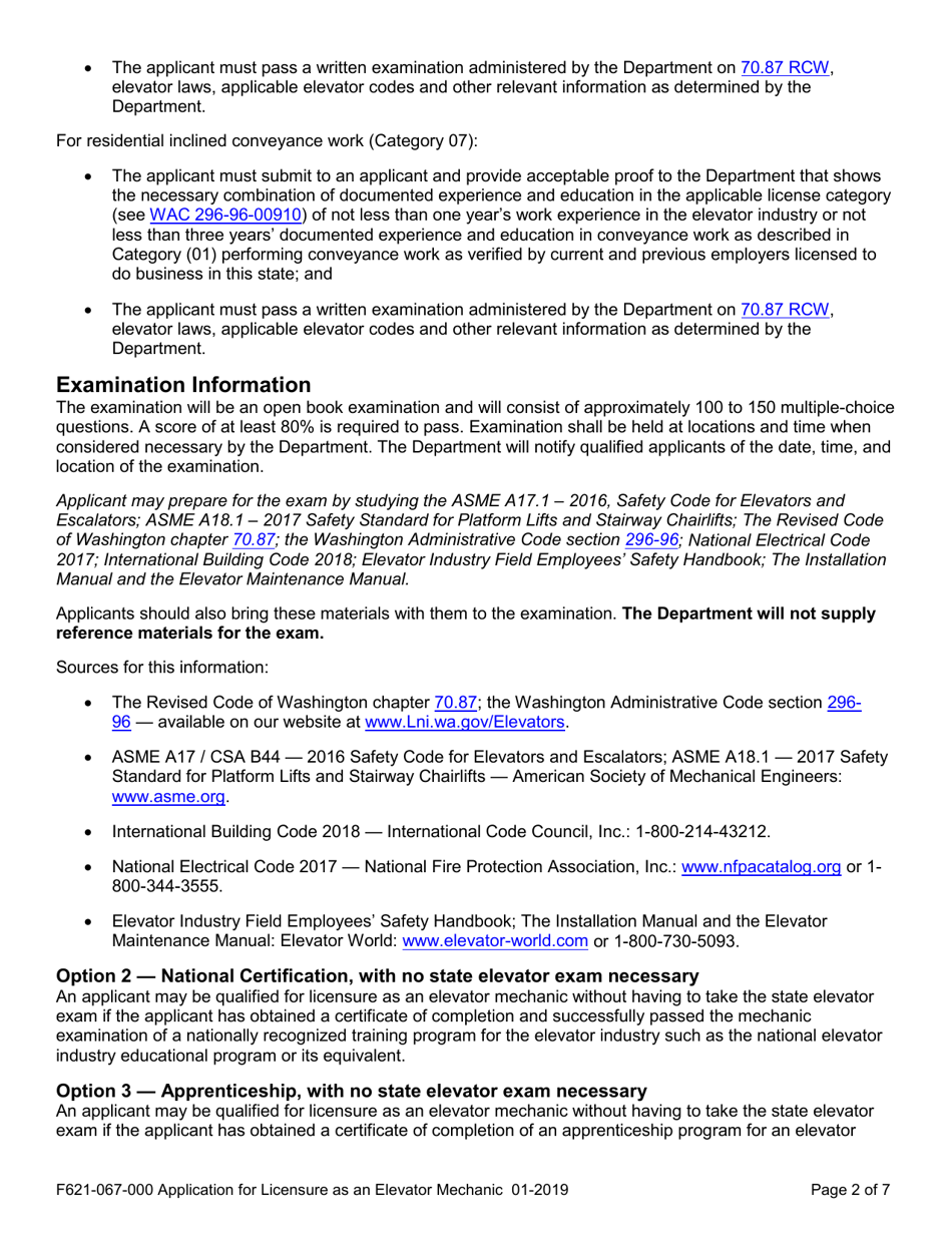 Form F621-067-000 Application for Licensure as an Elevator Mechanic - Washington, Page 2