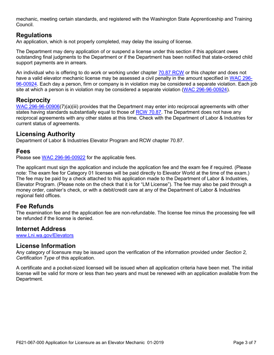 Form F621-067-000 Application for Licensure as an Elevator Mechanic - Washington, Page 3