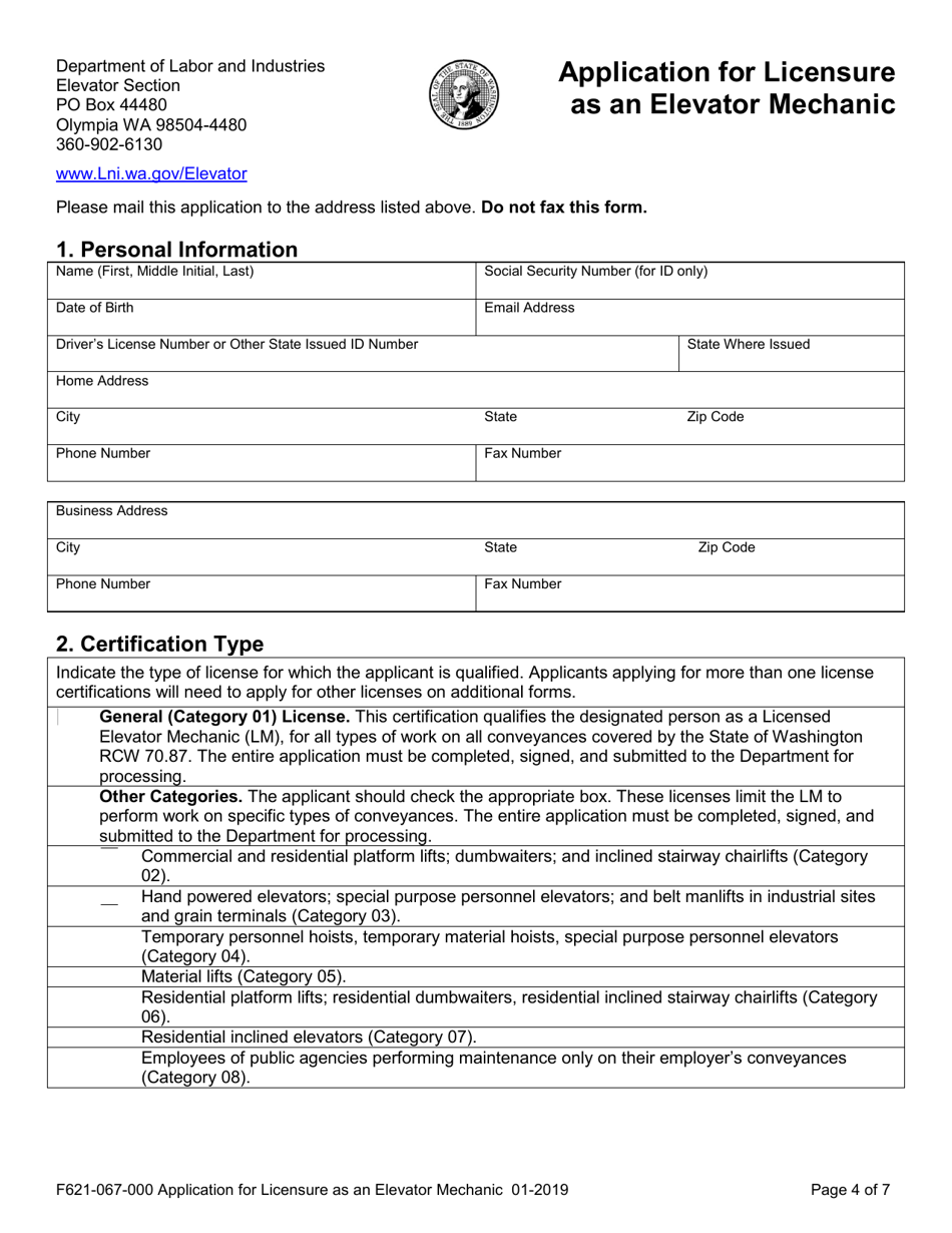 Form F621-067-000 Application for Licensure as an Elevator Mechanic - Washington, Page 4
