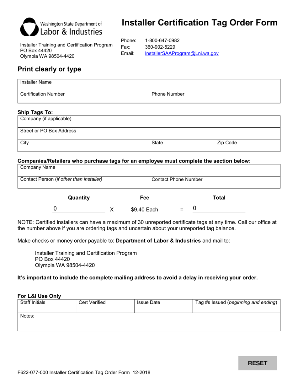 Form F622-077-000 Installer Certification Tag Order Form - Washington, Page 1
