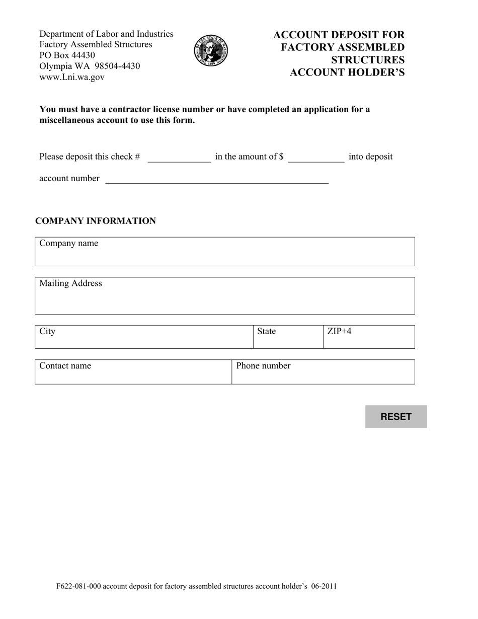 Form F622-081-000 Account Deposit for Factory Assembled Structures Account Holders - Washington, Page 1