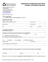 Document preview: Form F622-085-000 Application for Manufactured Home Installer Certification Renewal - Washington
