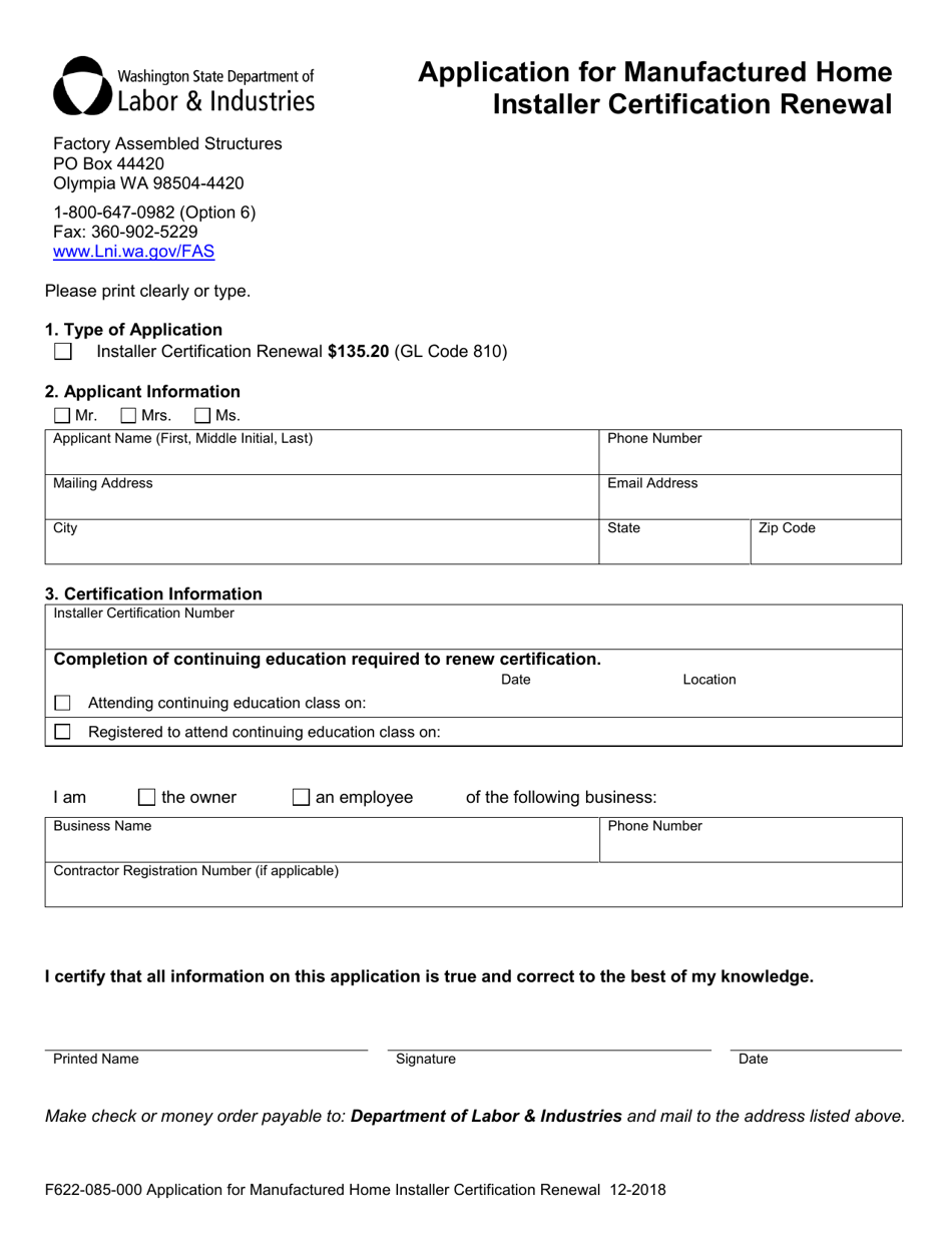 Form F622-085-000 Application for Manufactured Home Installer Certification Renewal - Washington, Page 1