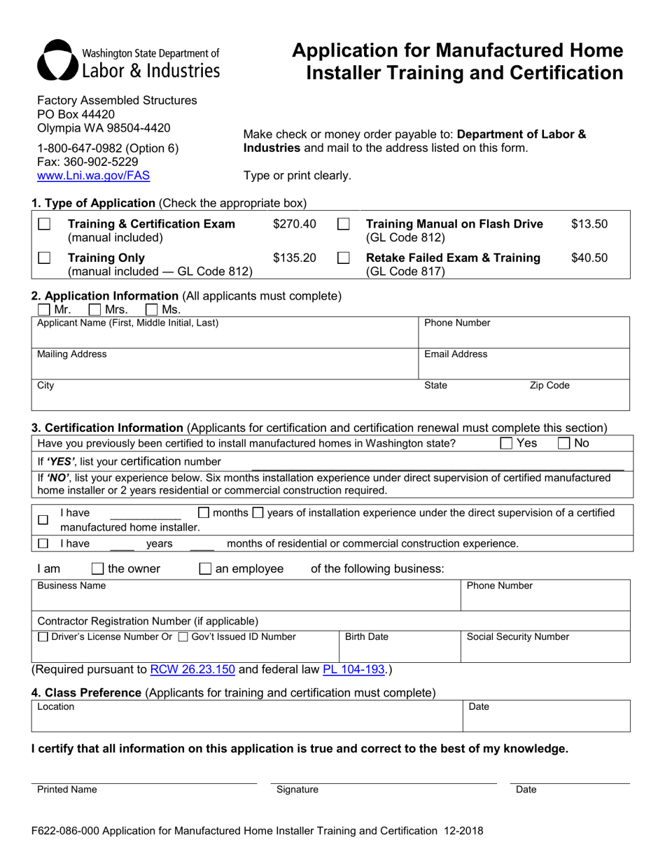 Form F622-086-000 Application for Manufactured Home Installer Training and Certification - Washington, Page 1
