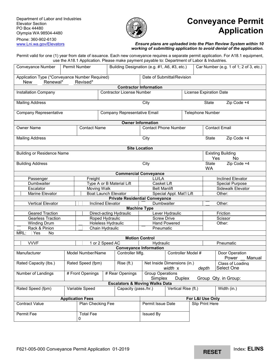 Form F621-005-000 Conveyance Permit Application - Washington, Page 1