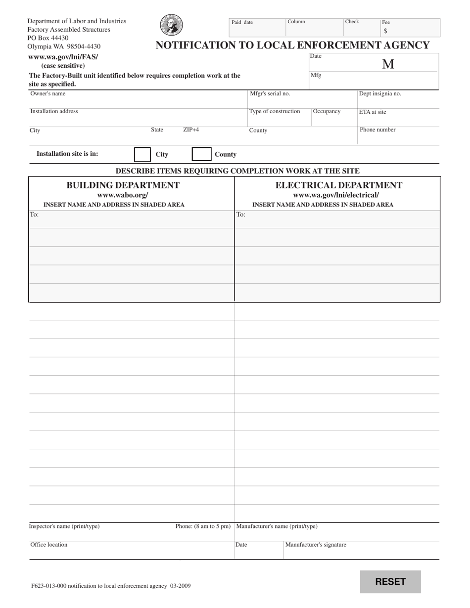 Form F623-013-000 Notification to Local Enforcement Agency - Washington, Page 1