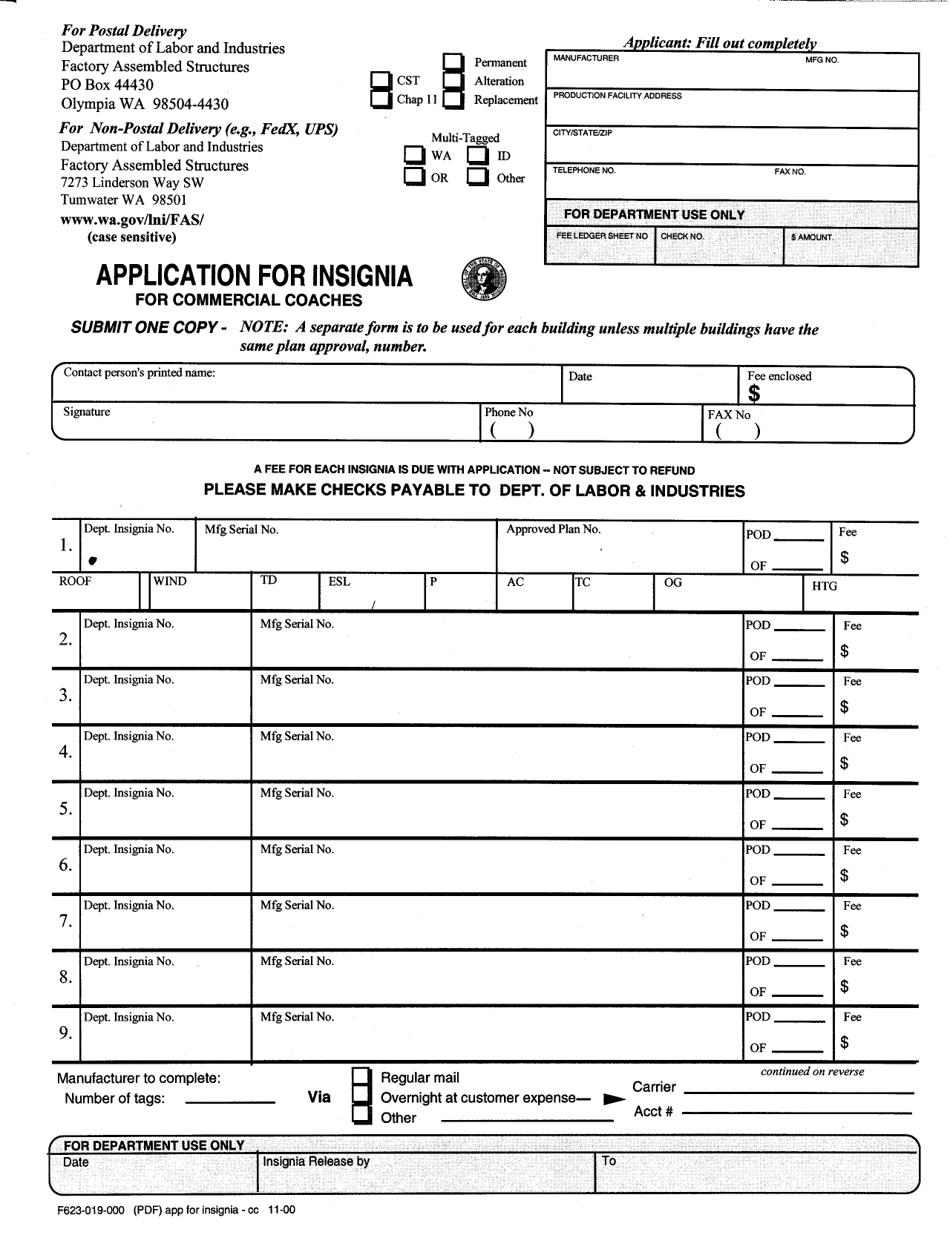 Form F623-019-000 Application for Insignia for Commercial Coaches - Washington, Page 1