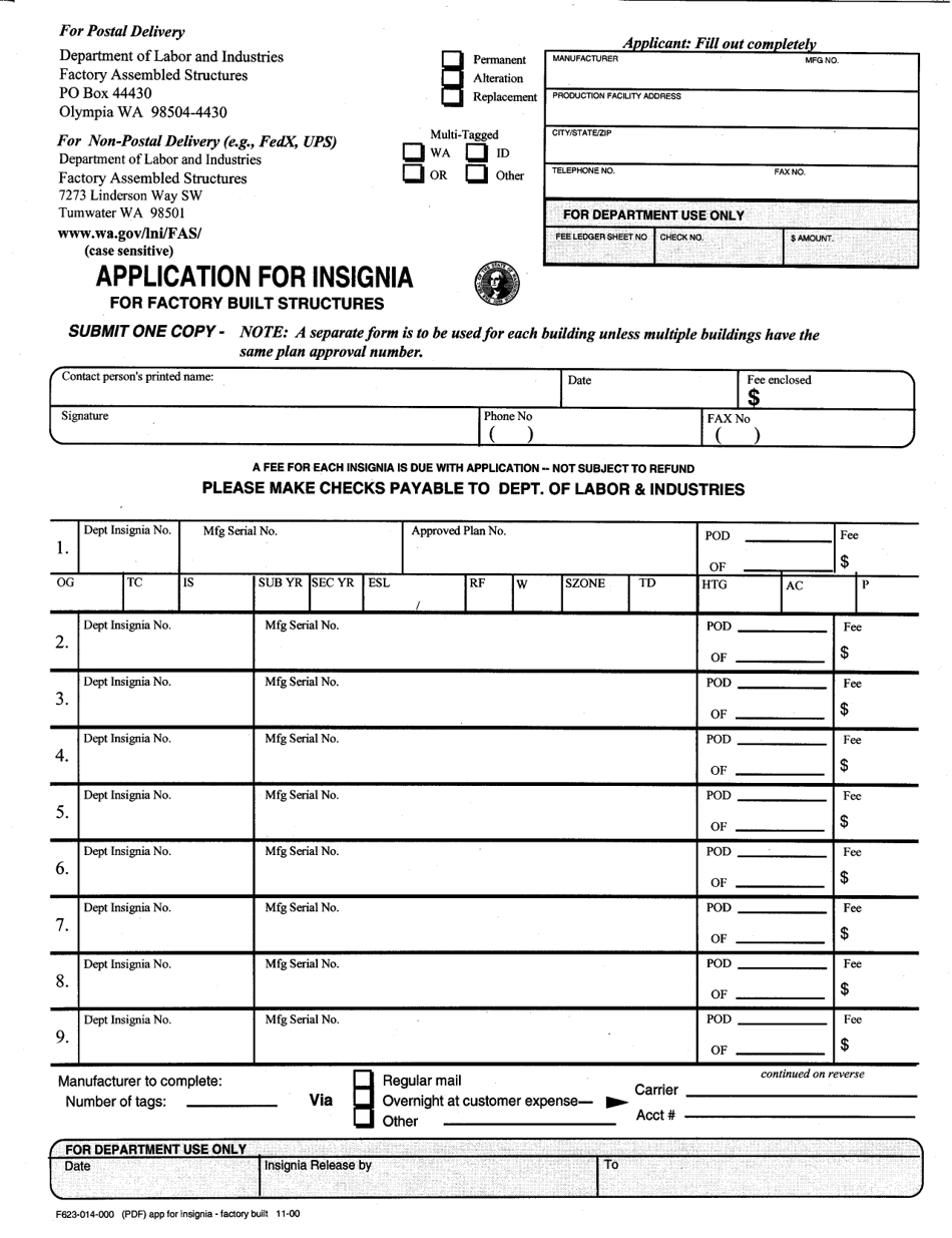 Form F623-014-000 Application for Insignia for Factory Built Structures - Washington, Page 1