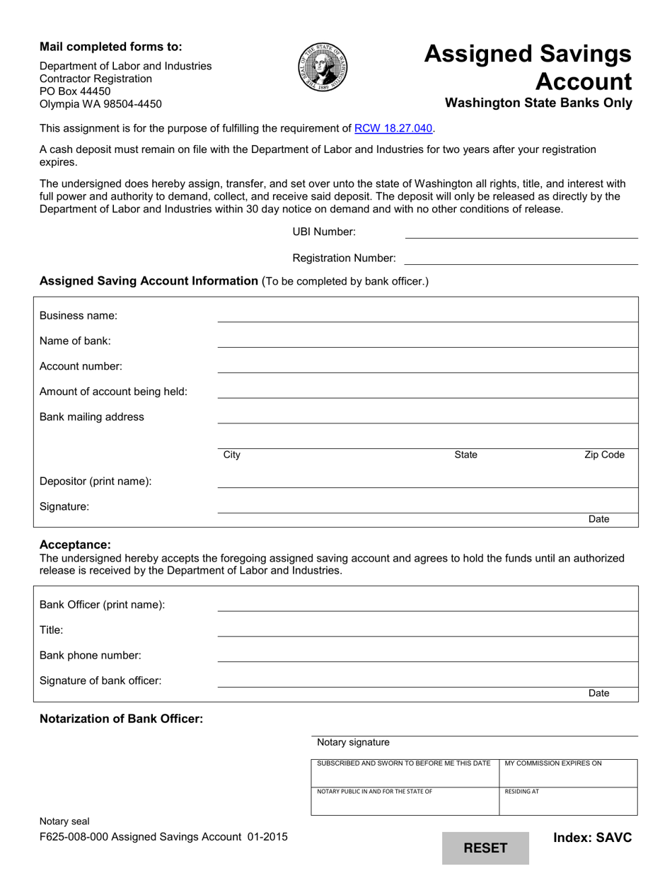 Form F625-008-000 Assigned Savings Account - Washington, Page 1