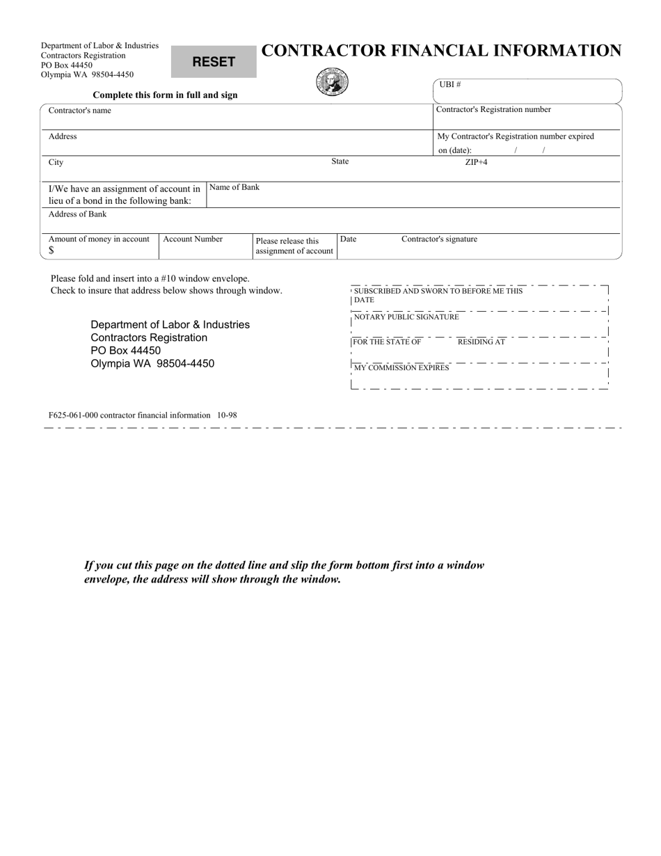 Form F625-061-000 Contractor Financial Information - Washington, Page 1