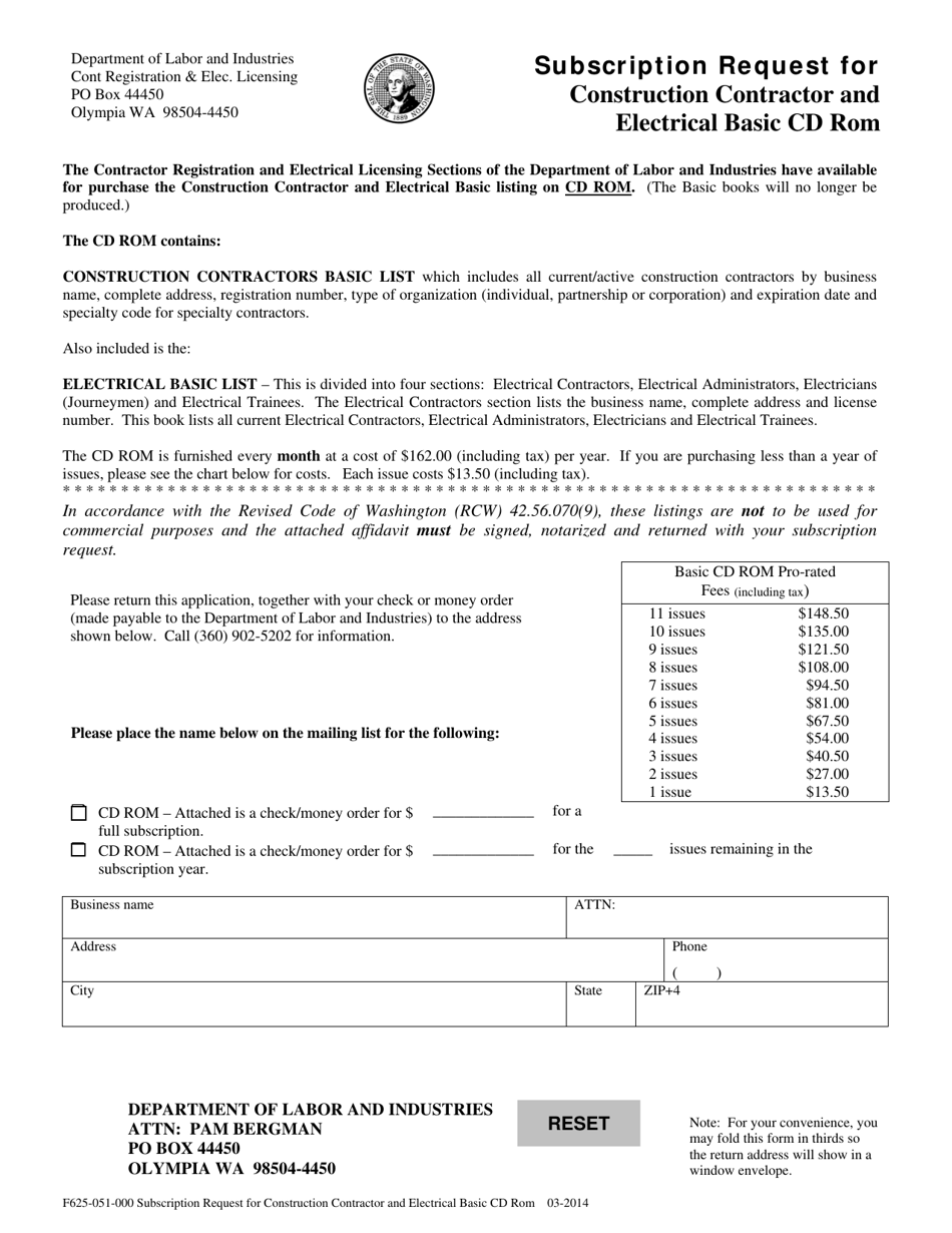 Form F625-051-000 Subscription Request for Construction Contractor and Electrical Basic - Cd - Washington, Page 1
