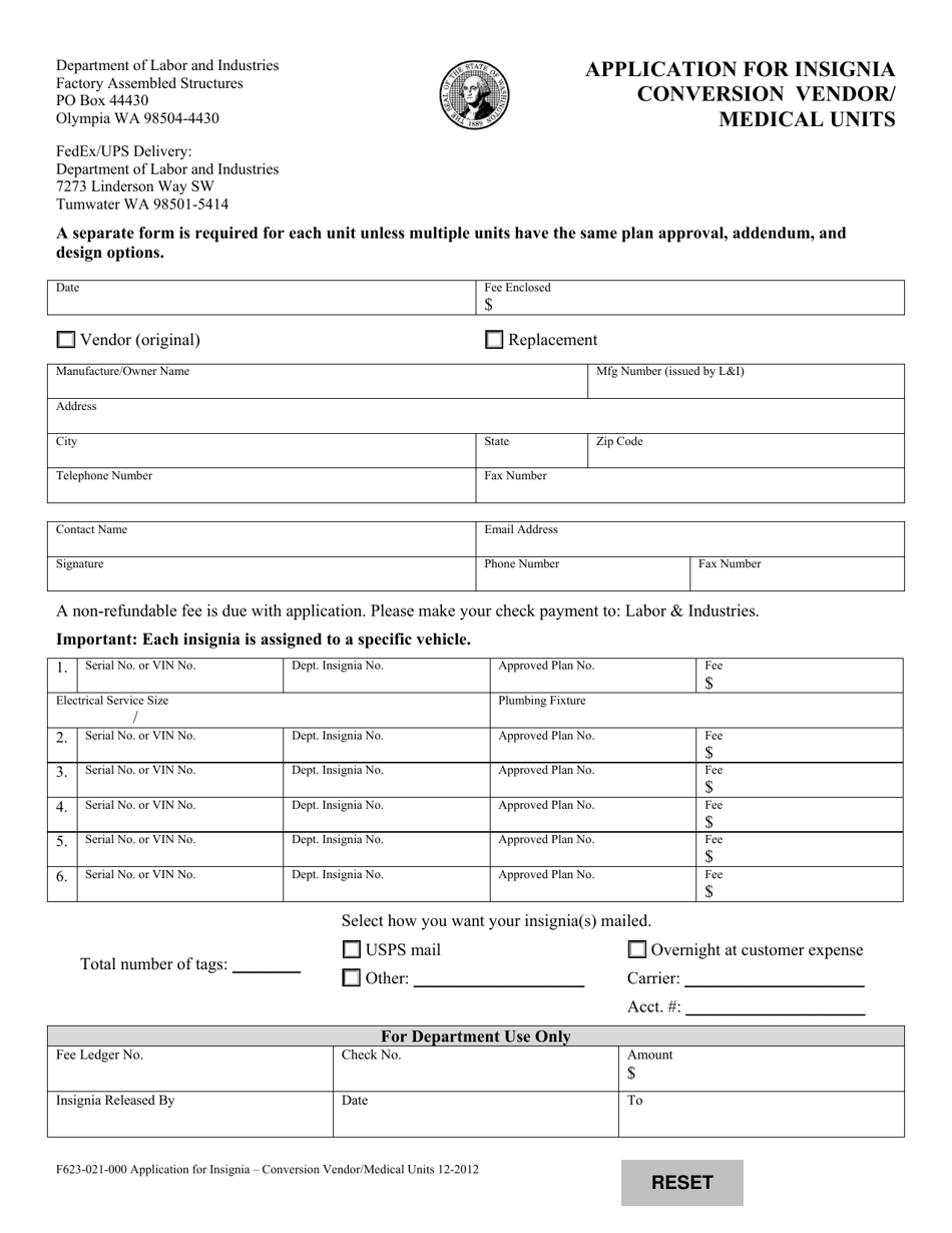 Form F623-021-000 Application for Insignia Conversion Vendor / Medical Units - Washington, Page 1