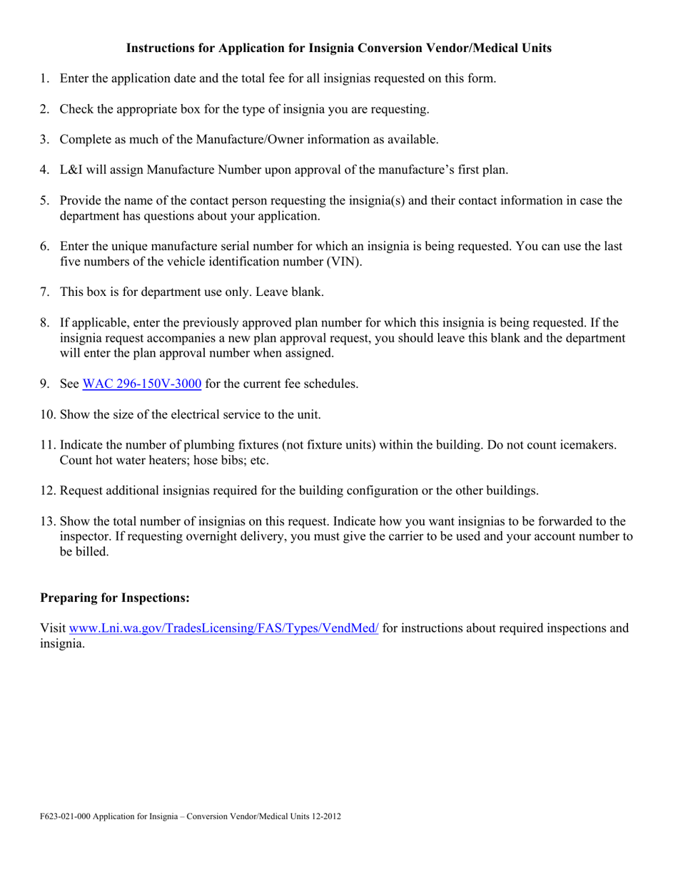 Form F623-021-000 Application for Insignia Conversion Vendor / Medical Units - Washington, Page 2