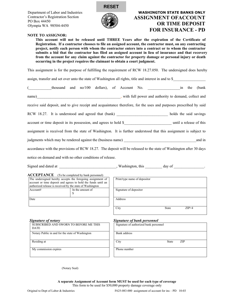 Form F625-083-000 Assignment of Account or Time Deposit for Insurance - Pd - Washington, Page 1