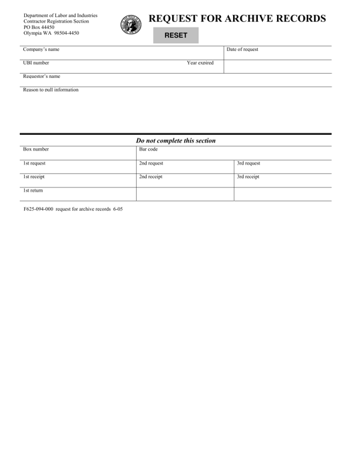 Form F625-094-000 Request for Archive Records - Washington